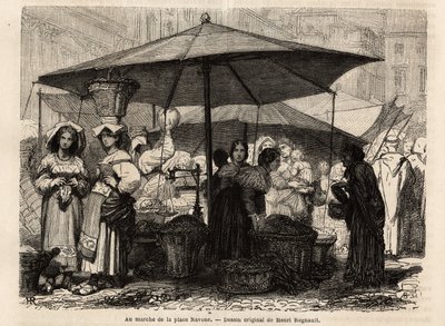 Piazza Navonan juurella, Roomassa (Italia). Kaiverrus havainnollistamaan matkaa Roomaan, Francis Wey, vuosina 1864-1868, julkaistu "Le tour du monde, nouveau journal des voyages" -lehdessä Edouard Chartonin johdolla. tekijältä Unknown artist