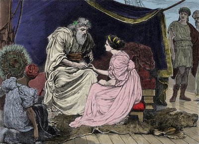 Ateenalainen valtiomies Perikles (495 eKr.-429 eKr.), demokratian kannattaja tyttärensä Marinen kanssa. Kaiverrus 1800-luvulta (19-1233) tekijältä Unknown artist