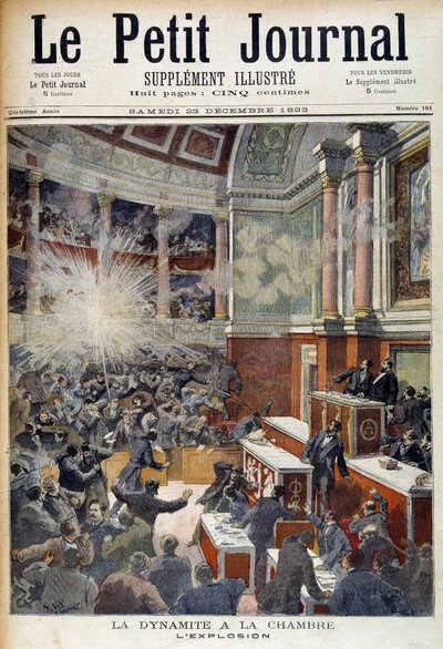 Hyökkäys edustajainhuoneessa. Räjähdys, jonka aiheutti anarkisti Auguste Vaillantin (1861-1894) pommi. "" Le Petite -lehdessä", 23.12.1893 tekijältä Unknown artist
