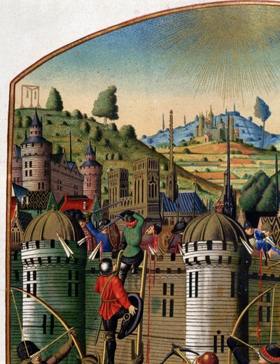 Hyökkäys Philippe Augusten linnaan, josta on näkymät Pariisiin ja Montfauconin hirsipuuhun 100-vuotisen sodan aikana, 1400-luvun puolivälissä. (yksityiskohta 14103). tekijältä Unknown artist