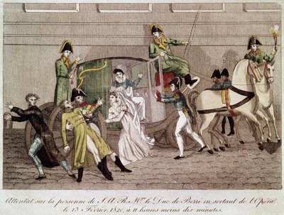 Hyökkäys Berryn herttua vastaan, Louis Pierre Louvel poistuessaan oopperasta 13. helmikuuta 1820. Kaiverrus 1800-luku. tekijältä Unknown artist