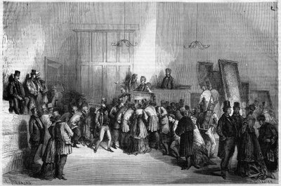 Huutokauppahuone Pariisissa: Maalausten myynti huutokaupanpitäjien (huutokaupanpitäjien tai huutokaupanpitäjien) hotellissa. Kaiverrus "" Maineikas universumi"" tekijältä Unknown artist