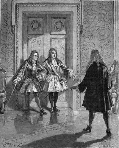 Elokuu 1718: Saint Simon (Saint-Simon) (Louis de Rouvroy, herttua) (1675-1755) esti kulkuyhteyden Mainen herttualle (Louis Auguste (Louis-Auguste) Bourbon) (1670-1736). Kaiverrus 1800-luvulta. Jules Micheletin teoksessa "Histoire de France". tekijältä Unknown artist