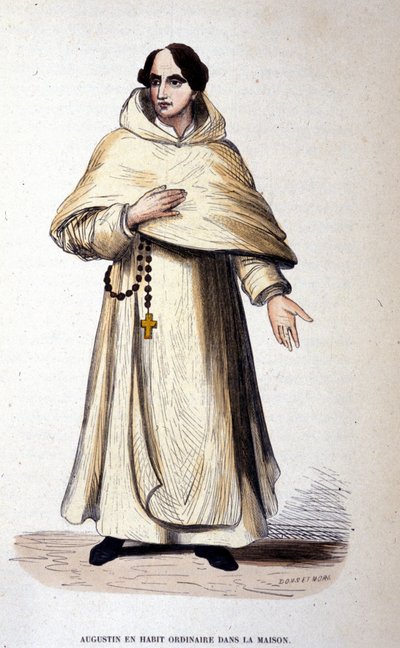 Augustinus tavallisessa asussa, uskonnollinen Pyhän Augustinuksen sääntöjen mukaan. Kaiverrus 1800-luvulta. tekijältä Unknown artist