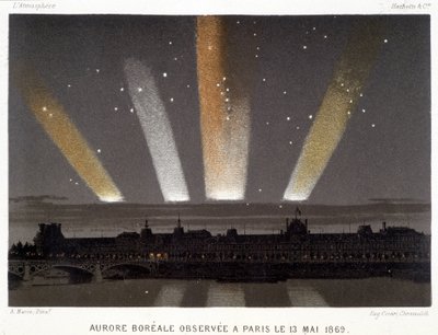 Aurora Borealis havaittiin Pariisissa 13.5.1869 - Amédée Guilleminin teoksessa "" Magnetism and Electricity" tekijältä Unknown artist