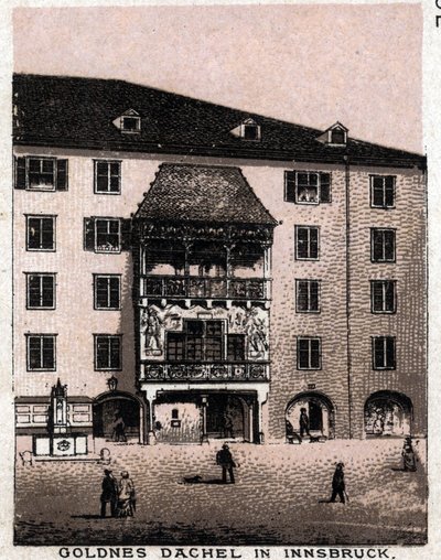 Itävallan Tiroli: Näkymä parvekkeelta sanoo Golden Roof (Goldnes Dachel) Innsbruckissa. kirjassa "" Maailma havainnollistaa 168 näkymää"" Päiväämätön (1800-luvun loppu) tekijältä Unknown artist