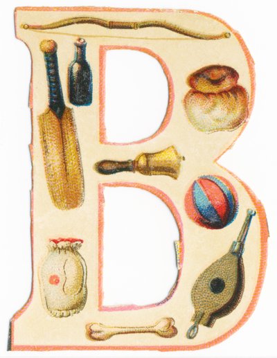 B: jousi, pesäpallomaila, pullo, briossi, kello, ilmapallo, luu, laukku, palkeet (väri litho) tekijältä Unknown artist