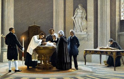 Vauvan kastaminen kirkossa. 1800-luvun kromolitografia. tekijältä Unknown artist