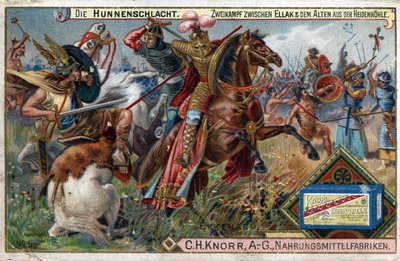Barbaarien hyökkäykset - St. Gallenin Ekkehard IV:n tai Eckhardin historia, Eckhart (980 -1057) oppinut ja latinalainen runoilija. Hunien taistelu. Ainutlaatuinen taistelu Ellakin ja Heidenhohlen vanhimman välillä. tekijältä Unknown artist