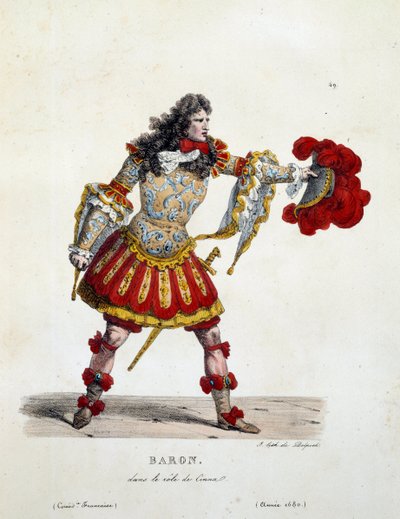 Paronin puku Cinnan roolissa vuonna 1680. Hippolyte Lecomten (1781-1857) ranskalaisen komedian puku. Kaiverrus 1800-luvulta. Coll. Mennään. tekijältä Unknown artist
