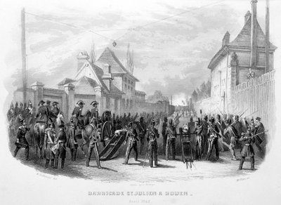 Barrikadi Saint Julien Rouenissa, huhtikuu 1848 - "Fasttes de Gardes Nationales de France" tekijältä Unknown artist