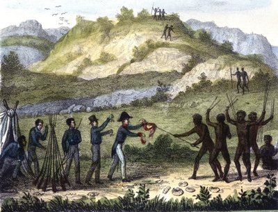 Vaihtokauppa alkuperäiskansojen ja länsimaalaisten välillä "" Razze e popoli della Terra" -kirjan jälkeen, 1800-luvun alku. tekijältä Unknown artist