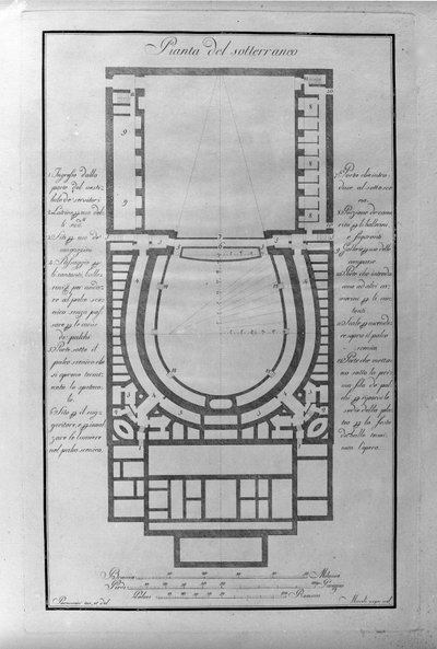 Milanon teatteri de la Scala kellarisuunnitelma n. 1776-1778 Italia (Teatro alla scala) (Milano Scalan teatterin maanalaisen arkkitehtoninen kartta) Kaiverrus tekijältä Unknown artist