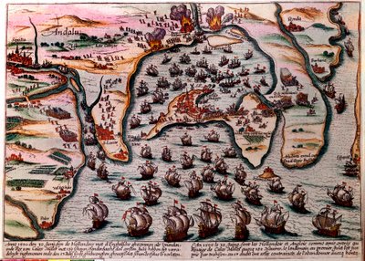 Cales Malesin taistelusuunnitelma (Espanja) 30. kesäkuuta 1596. Hollannin ja Englannin armeijan laivasto saapuu ystävinä Cales Malesiin 180 aluksella. Seuraavana päivänä, 1. heinäkuuta, maanpetoksesta yllättäen heidän täytyi hylätä kaupunki häpeästi. Kaive tekijältä Unknown artist