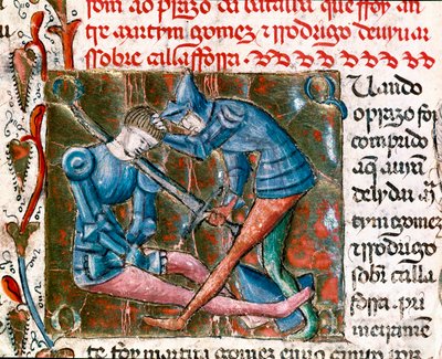 Taistelu Rodrigo Diaz de Vivar dit Le Cidin (1043-1099) ja Martin Gomezin välillä. Pienoiskuva "" Espanjan kronikat"" tekijältä Unknown artist