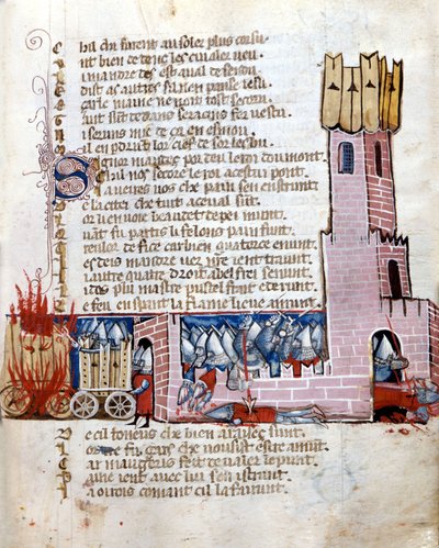 Taistelu linnassa. Tankit ovat tulessa. Käsikirjoitus 1200-luvulta. Marciana Venetsia. tekijältä Unknown artist