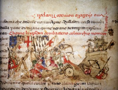 Nikopoliksen taistelu: Bayazid I:n (Turkki) tappio kristityt 28.9.1396 - "" Croniche del Sercambissa", noin 1400. Kansallisarkisto, Lucca. tekijältä Unknown artist