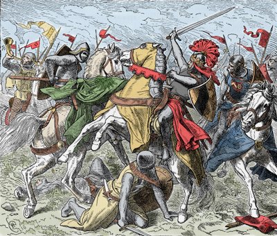 Taistelu Elsterillä: Rudolf Swabian kuolettavasti haavoittunut - Saksien kapina (1073-1075): Rodolph of Rheinfelden (n. 1025-1080), Swabian herttua ja roomalaisten antiking haavoittuu kuolemaan taistelussa lähellä Elsteriä, Henrik IV:n joukkoja vastaan tekijältä Unknown artist