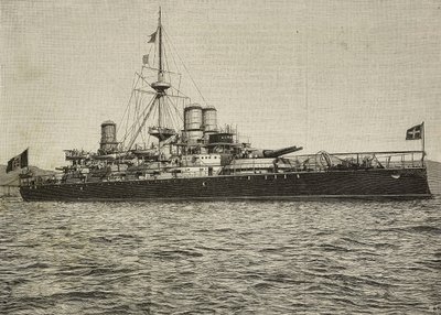 Taistelulaiva Sardegna purjehdusasussa, Italia, kaiverrus Conti Vecchin valokuvasta, L