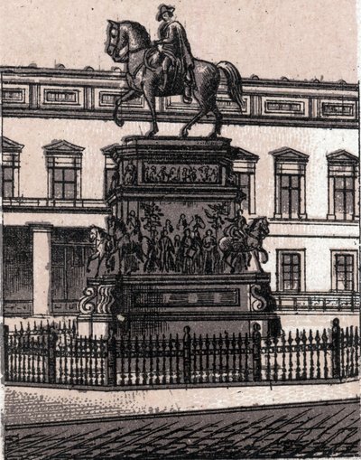 Berliini, Saksa: Frederic II Suuren patsas (Frederic the Great). kirjassa "" Maailma havainnollistaa 168 näkymää"" Päiväämätön (1800-luvun loppu) tekijältä Unknown artist