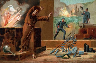 Berthold Schwartz (noin 1318-noin 1384), saksalainen kemisti, ruudin keksijä ja fransiskaanimunkki. 1800-luvun kromolitografia tekijältä Unknown artist