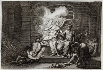 Royaumontin raamattu, Uusi testamentti: Saint Peter Delivre de vankila. Pyhä Pietari vapautuu vankilasta yöllä enkelin toimesta. Kuvitus vuodelta 1811. tekijältä Unknown artist