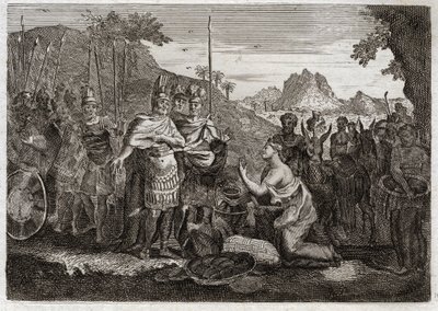 Royaumontin raamattu, Vanha testamentti: Abigail. Abigail, Nabalin vaimo, lievittää Daavidin vihaa viisaudellaan. Kuvitus vuodelta 1811. tekijältä Unknown artist
