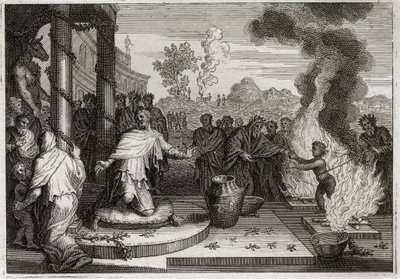 Royaumontin raamattu, Vanha testamentti: Ahaz Epäpyhä kuningas. Jumalaton Ahas, Juudan kuningas, ärsyttää Jumalaa ja joutuu vihollisten käsiin. Kuvitus vuodelta 1811. tekijältä Unknown artist
