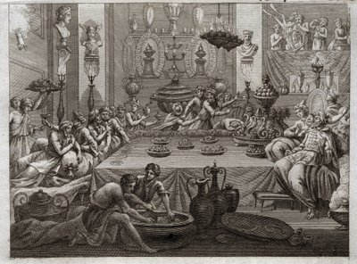 Royaumontin raamattu, Vanha testamentti: Balthazar tuomitsee. Kuningas Balthazar (Belshatsar) pöydässä näkee käden, joka kirjoittaa kolmella sanalla lauseensa lopun. Kuvitus vuodelta 1811. tekijältä Unknown artist