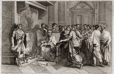 Royaumontin raamattu, Vanha testamentti: Profeetta Baruk. Kuningas Joakim (Joakim, Joachin, Jehonias) leikkaa kirjakäärön, joka sisältää hänen opetuslapsensa Barukin (Baruch ben Neria) kirjoittamat Jeremian profetiat, ja heittää sen tuleen. Kuvitus vuodelt tekijältä Unknown artist