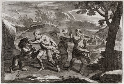 Royaumontin raamattu, Vanha testamentti: Simsonin syntymä. Simson repii leijonan palasiksi. Kuvitus vuodelta 1811. tekijältä Unknown artist
