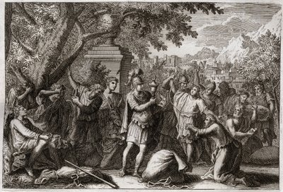 Royaumontin raamattu, Vanha testamentti: Joosefin veljet. Joosef laittaa veljensä vankilaan. Kuvitus vuodelta 1811. tekijältä Unknown artist