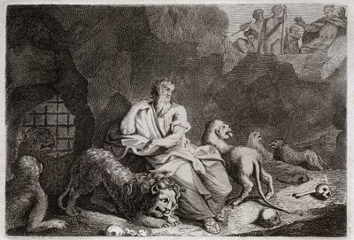 Royaumontin raamattu, Vanha testamentti: Daniel leijonien kuopassa. Daniel pannaan lionien kuoppaan ja on ihmeen kaupassa humalassa. Kuvitus vuodelta 1811. tekijältä Unknown artist