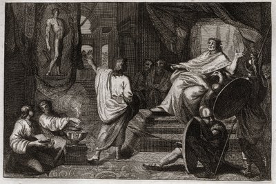 Royaumontin raamattu, Vanha testamentti: Danielin profeetta. Profeetta Daniel paljastaa kuningas Nebukadnessar II:lle unen, jonka hän näki, ja selittää hänelle, mitä hän tarkoitti. Kuvitus vuodelta 1811. tekijältä Unknown artist