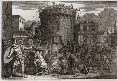 Royaumontin raamattu, Vanha testamentti: Abimelekin kuolema. Abimelekin (Abimelec tai Ahimelech tai Ahimelek) tappaa nainen, joka iskee hänet kivellä Tebetzin piirityksessä. Kuvitus vuodelta 1811. tekijältä Unknown artist