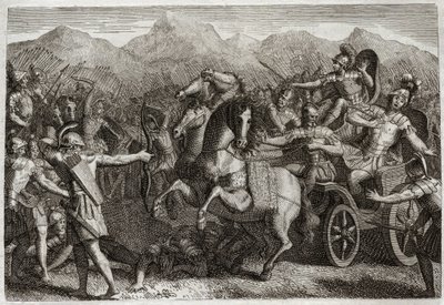 Royaumontin raamattu, Vanha testamentti: Ahabin kuolema. Ahab (Akhab) kävi sotaa Syyriaa vastaan, ja hänet tapettiin satunnaisella nuolella. Kuvitus vuodelta 1811. tekijältä Unknown artist