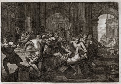 Royaumontin raamattu, Vanha testamentti: Amnonin kuolema. Absalomin (tai Avshalom, Absalon) sovinnon saaminen Daavidin kanssa saa veljensä Amnonin (Ammon) pakenemaan juhlaan. Daavidin on pakko paeta Jerusalemista, ja hän kärsii tämän vainon ihmeellisellä k tekijältä Unknown artist