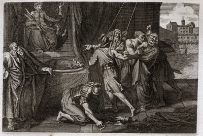 Royaumontin raamattu, Vanha testamentti: Eleasarin kuolema. Vanha pyhimys Eleazar tapettiin Antiokos IV Epiphanen (175-164 eKr.) käskystä, koska hän ei halunnut teeskennellä syövänsä puolustettua lihaa. Kuvitus vuodelta 1811. tekijältä Unknown artist