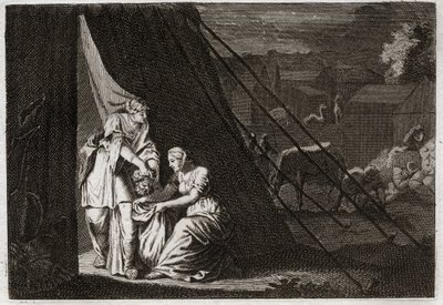 Royaumontin raamattu, Vanha testamentti: Holofernen kuolema. Judith leikkaa Holofernesin pään palvelijattaren Abran avustuksella ja juomakunnossa Bethulien. Kuvitus vuodelta 1811. tekijältä Unknown artist