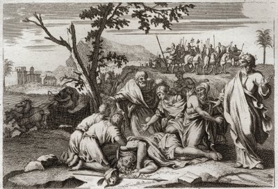 Royaumontin raamattu, Vanha testamentti: Pahan Antiokoksen kuolema. Kuningas Antiokhos IV Epiphanen (175–164 eKr.) kauhistuttava kuolema hevosen kaatumisen jälkeen. Kuvitus vuodelta 1811. tekijältä Unknown artist