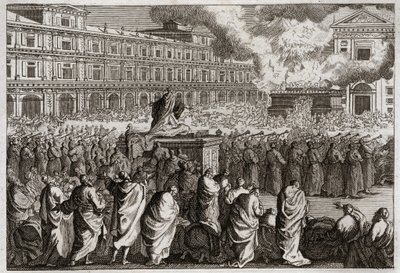 Royaumontin raamattu, Vanha testamentti: Temppelin vihkiminen. Salomo kokoaa koko kansansa yhteen juhlimaan juhlallisemmin temppelinsä vihkimistä. Kuvitus vuodelta 1811. tekijältä Unknown artist