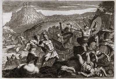 Royaumontin raamattu, Vanha testamentti: Amalekin (Amalekin) tappio. Mooses sai voiton amalekilaisista pitäen kätensä korkealla taivaassa. Kuvitus vuodelta 1811. tekijältä Unknown artist