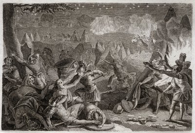 Royaumontin raamattu, Vanha testamentti: Midianilaisten tappio trumpettien soinnilla ja lamppujen valolla. Kuvitus vuodelta 1811. tekijältä Unknown artist
