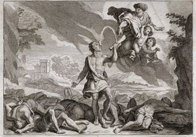 Royaumontin raamattu, Vanha testamentti: filistealaisten tappio. Simson tappaa tuhat filistealaista aasin leualla. Jumala saa veden virtaamaan leuasta, jotta Simson voi sammuttaa janonsa. Kuvitus vuodelta 1811. tekijältä Unknown artist