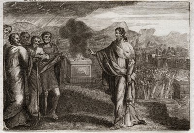 Royaumontin raamattu, Vanha testamentti: filistealaisten tappio. Samuel tarjoaa holokaustin Jumalalle. Sitten juutalaiset puolustavat filistealaisia. Kuvitus vuodelta 1811. tekijältä Unknown artist