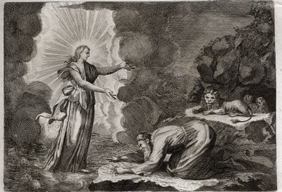 Royaumontin raamattu, Vanha testamentti: Danielin vapautuminen. Daniel leijonien luolassa on ihmeellisen humalassa. Kuvitus vuodelta 1811. tekijältä Unknown artist