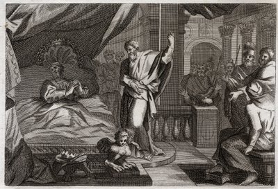 Royaumontin raamattu, Vanha testamentti: Hesekias saa terveyttä. Kuningas Hesekias sairastui kuollessaan, sai terveyden ja toiset viisitoista elinvuotta. Profeetta Jesaja (Jesaiah) ilmoittaa sodansa: merkkinä on siirtää kellon varjoa kymmenen astetta taaks tekijältä Unknown artist