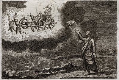 Royaumontin raamattu, Vanha testamentti: Hesekiel-profeetta. Pyhä Profeetta näki näyn, jossa Herra ilmestyi hänelle kärryissä, jota kantoivat neljä kerubiinia (tetramorfia). Kuvitus vuodelta 1811. tekijältä Unknown artist