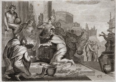 Royaumontin raamattu, Vanha testamentti: Salomon lankeemus. Salomo on naisten turmeltunut, ja hän tarjoaa suitsukkeita väärien jumalien epäjumalille. Hänen kuolemansa. Kuvitus vuodelta 1811. tekijältä Unknown artist
