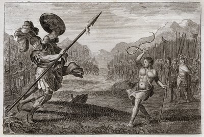 Royaumontin raamattu, Vanha testamentti: jättiläinen Goljat. Daavid voitti Goljatin, filistealaisen, joka on mahtavan suuruus, ase vain rintarella ja kepillä. Kuvitus vuodelta 1811. tekijältä Unknown artist
